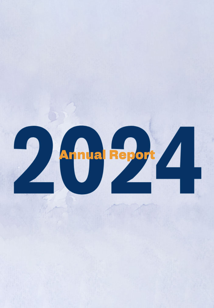 Large bold numbers 2024 in dark blue with the words Annual Report in orange over the middle, set against a light, textured background.