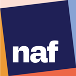 A dark blue square with the lowercase white letters naf in the center, surrounded by angled borders in pink, orange, and blue.